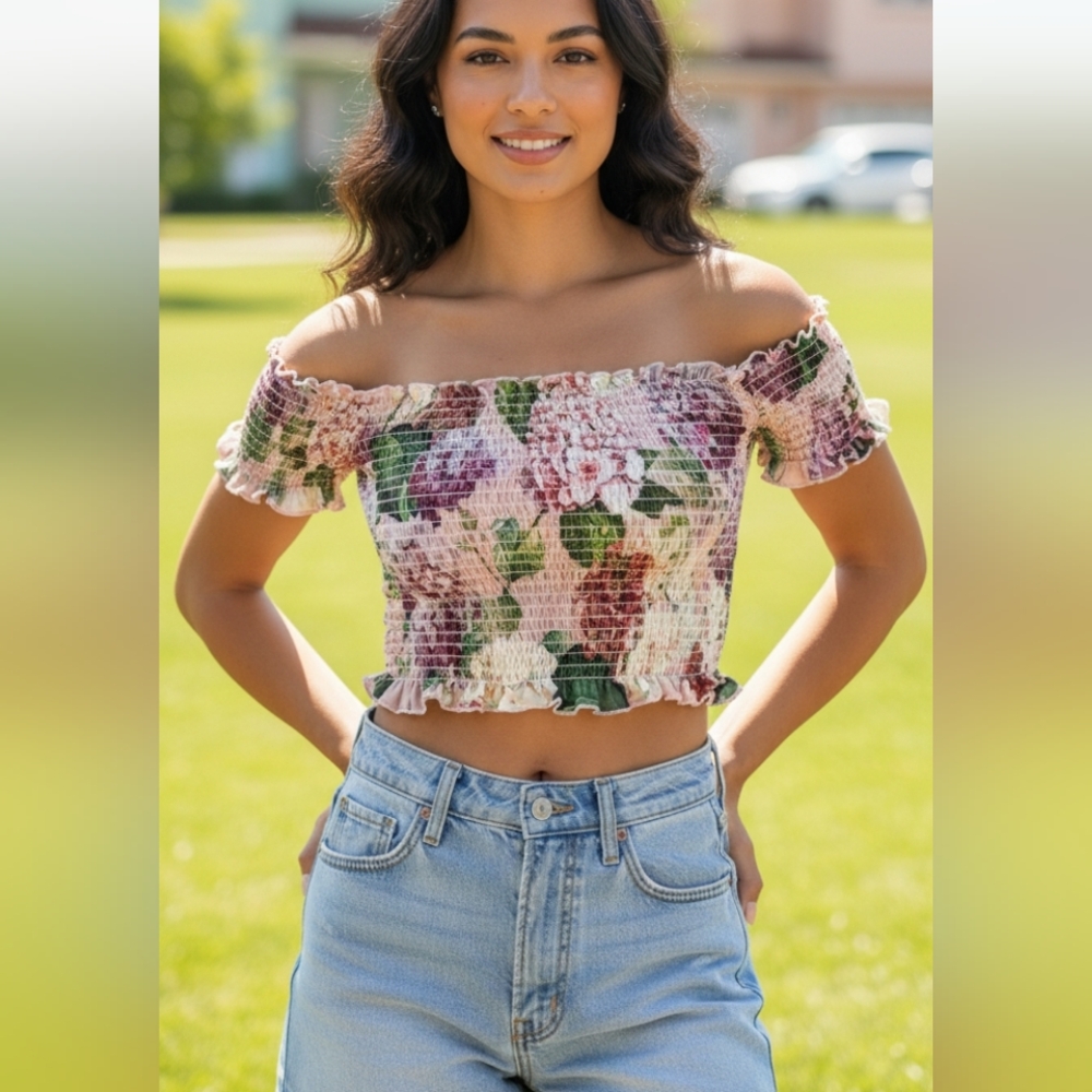 Show Me Your Mumu Smocked Crop Top Multi Floral Women's Size Small
